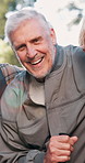 Happy, face and mature man with hiking friends in nature for adventure, exploration or outdoor journey. Portrait, senior or male person with smile for walking, trekking or trip in forest or woods