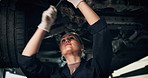 Car, mechanic and fix with woman in repair shop for engine maintenance, diagnostic technician or tools. Motor inspection, pressure sensor and performance calibration with person in garage for vehicle