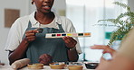 Woman, teacher or hands with color for ceramic lesson, art or crafting class at workshop. Female person, instructor or teaching junior artisans with tile or colorful palette for DIY or pottery course