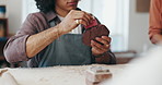 Clay, hands and man in pottery class with tools or handcraft, sculpture or manufacturing product. Artistic, creative and male person with ceramic skill for molding shape with mud material in workshop