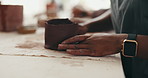 Pottery, shape and hands of person in studio, workshop or art process for handmade ceramic design. Craft, hobby and artist with clay, unique artwork and creative class with sustainable small business