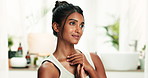 Bathroom, glow and skincare for woman, smooth and routine with treatment for healthy skin, smile and home. Beauty, confident and person with cosmetics, shine and happy in morning with dermatology
