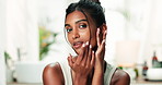 Bathroom, face and skincare for woman, smooth and routine with treatment for healthy skin, smile and home. Beauty, calm and person with cosmetics, shine and happy in morning with dermatology or spa