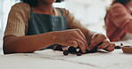 Hands, pottery class and sculpting clay with people in workshop closeup for art, crafts or creative hobby. Ceramic, education and terracotta with students in studio to form and shape material