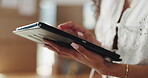 Hands, supply chain and tablet with person closeup in office for management or tracking of online order. App, delivery and logistics with employee in post office for export distribution schedule