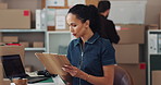 Woman, writing and checklist in small business for logistics, inventory management or stock control. Employee, thinking or clipboard in office for supply process, ecommerce order list or distribution