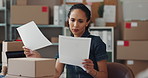 Woman, stress and paper in small business for logistics, missing stock or thinking at inventory. Employee, invoices or worry in office for finance management, incorrect payment or confused with admin