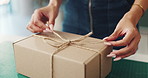 Woman, bow or hands with box for small business, supply chain or packaging order at warehouse. Delivery, strings tie or owner wrapping parcel, gift or product for shipping, present or courier service