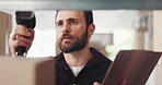 Man, scanner and box with clipboard of small business, inventory management and shipping process. Person, machine and checklist for package information, sales barcode and stock update of distribution