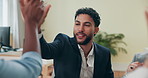 High five, celebration and businessman for collaboration, partnership and team building mission. People, excited and support for b2b success, startup deal and media project management promotion