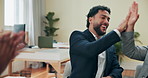 High five, celebration and businessman for promotion, partnership and team building mission. People, excited and support for b2b success, startup deal and media project management collaboration