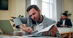 Phone call, documents and business man multitask, talking and typing on laptop. Mobile, computer and worker with paperwork for conversation with contact, marketing proposal or negotiation in office