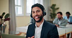 Face, smile and business man in call center for help, customer support or finance on laptop. Talk online, portrait and agent with microphone for banking advice, virtual service or contact us for loan