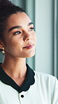Design, smile and thinking with business woman in office for future, planning or vision of career development. Idea, opportunity and optimism with happy creative employee in workplace for inspiration