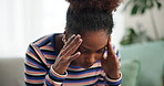 Home, stress and woman with headache, lounge and thinking of feedback from college, anxious and sad. Pain, contemplating and person with migraine in living room, house and student with disappointment