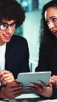 Discussion, accounting or people on tablet for finance meeting, business and budget review. Accountant, night and reading profit report with teamwork for audit deadline, tax compliance or research