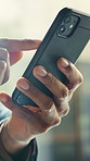 Social media, business and hands scroll with smartphone for internet, communication and app. Contact, chat and person with phone for email, online conversation and networking with message at work