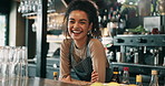 Happy, barista and face of woman in coffee shop at counter for hospitality or customer service career. Confident, portrait and female cafe business owner from Brazil with pride for restaurant.