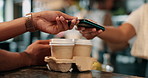People, hands and payment in coffee shop with credit card, takeaway sale and customer service at POS. Patron, employee or machine in cafe for transaction, hospitality and support local small business