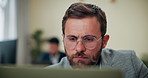 Businessman, financial advisor and thinking with laptop, audit and issue for customer portfolio or policy. Person, accountant or agent with technology for consultation advice or assistance review