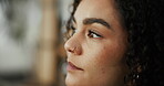 Thinking, idea and smile with woman at home for student planning, future goals or scholarship opportunity. Happiness, reflection and university choice with person in living room for vision and memory