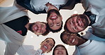 Huddle, solidarity and face of business people in office for teamwork b2b merger and connection. Collaboration, support and growth with low angle of group of employees for commitment and synergy