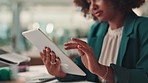Tablet, research and hands of woman in office for data analytics, development plan or online schedule. Businesswoman, consultant or business intelligence analyst on digital app for project management