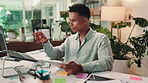 Laptop, thinking and man in office with notes on data analytics, stats or development report. Planning, consultant or business intelligence analyst with online research, documents and ideas on tablet