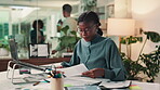 Laptop, business and creative woman typing for report, event planning and management or budget research. Documents, project coordinator and online for finance report, company occasion or campaign
