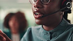Headset, virtual assistant and mouth of woman in office for administrative support with crm. Communication, audio tech and lips of female business coordinator talking with online customer service.