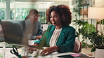 African, woman and talking with laptop at call centre, sales administration and customer service. Female person, headset and online of communication, telemarketing and agency consultant of crm advice