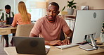 Planning, research and man in office with computer for data analysis, growth or development report. Typing, web analyst or consultant in coworking space with ideas for online business intelligence