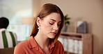 Reading, planning and online with business woman in office for idea, research and client feedback. Administration, project proposal and report with person in startup agency for development. 
