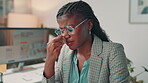 Frustrated, thinking and woman with headache, office and anxiety for deadline of project and creative. Overworked, copywriter and stress for person with migraine, burnout and overwhelmed by work