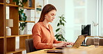 Typing, research and woman in office with laptop for business planning, growth or development. Communication, financial analyst or consultant at desk with report ideas for online account management