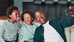 Selfie, funny face and dad with children on sofa for social media, profile picture and online post in home. Black family, silly and father with kids take photo for bonding, fun and relax together