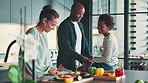 Kitchen, cooking and parents with child with vegetables for meal prep for lunch, dinner or supper. Interracial family, happy and mom, dad and kid with food for nutrition, wellness and ingredients