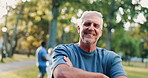 Face, outdoor and senior man with fitness, healthy and workout with wellness, energy and break. Portrait, mature person and happy runner in park, retirement and activity with exercise and training