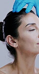 Beauty patient, gloves or woman for skincare with cosmetics consultation, plastic surgery or dermal filler. Mature person, hands or face transformation for anti aging or facelift on studio background