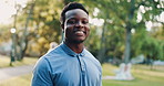Face, outdoor and black man with exercise, smile and nature with wellness, energy and training. Portrait, African person and happy runner in park, endurance and activity with fitness, health or hobby
