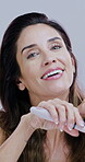 Beauty, face and woman with brush for haircare for growth benefits, healthy maintenance and grooming routine. Happy person, cosmetic product or styling for hair treatment, self care and shampoo shine