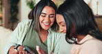 Friends, phone and smile with women on sofa for social media post, share memory and connection. Streaming, show and support with people in living room at home for search, gossip and  online news