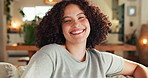 Relax, laugh and face of woman on sofa for comfortable, self care and morning. Peace, happiness and comedy with person on couch in living room at home for inspiration, rest and mental health
