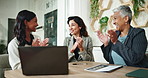 Women, applause and laptop in office for business, successful campaign and colleague support. Corporate team, computer and clap in company for achievement, employee promotion and proposal approval