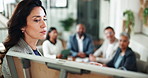 Business woman, financial advisor and presentation with whiteboard, deal and audit meeting for b2b portfolio. Speaker, accountant or agent with discussion for consultation advice or proposal review