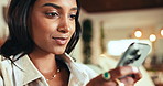 Smile, woman and reading with phone in home, living room or apartment with internet communication on sofa. Typing, message or video on social media and student person with online, chat and cellphone