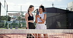 Sports, tennis and friends with phone on court for match, game or friendly competition. Social media, bonding and women with athlete, smile and happy for exercise and wellness for training workout