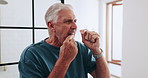 Senior, man and cleaning teeth with dental floss for oral care, hygiene or dentistry at home. Elderly, male person and smile with string for tooth cavity, gum disease or fresh breath in bathroom