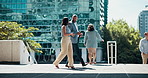 Business people, corporate and walking with discussion in city for company ideas, project or campaign. Businessman, woman or employees talking with career for travel or job opportunity in urban town