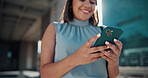 Happy woman, hands and typing with phone in city for communication, network or business app. Closeup, female person or employee with smile on mobile smartphone for social media or browsing in town